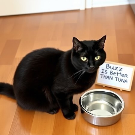 a solid black american shorthair cat sitting on a hardwood  floor, next to a food bowl that is empty and a small sign that says "Buzz Is Better Than Tuna"