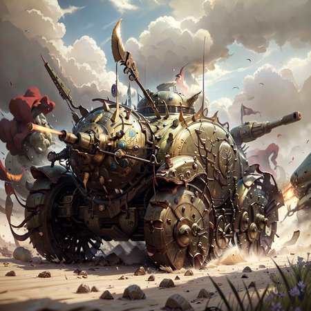 <lora:bronzepunkai2:.9> bronzepunkai battle tank on battlefield