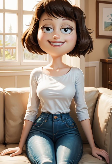 score_9, score_8_up, score_8,    <lora:Tamantha_Guterman_aka._Tammy_Rick_and_Morty_for_PonyXL:0.8> 1girl, t4mmy, brown hair, short hair, sitting on couch, living room, window, smile, blouse, jeans,