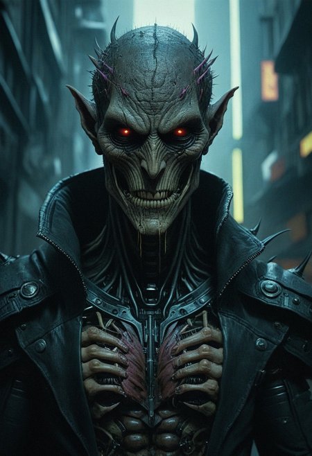DnD_Grainyboyz, grainy, noise, Dark cyberpunk artwork, Extremely hyper realistic detailed CYBER-DAEMON