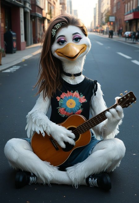 score_9, score_8_up, source_cartoon, toony, 1girl, solo, furry, bird girl, beak, white feathers, blue eyes, eyeliner, very long hair, flat hair, brown hair, straightened hair, hippie, 1970, new york, long neck, flower shirt, choker, guitar, sitting, street, acoustic guitar, outdoors, trash fire