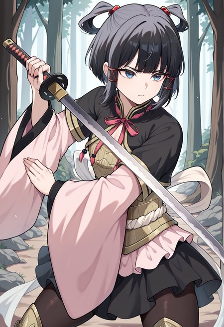 short hair, black hair, blue eyes, sidelocks, hair rings, hair ornament, chinese clothes, ribbon, long sleeves, wide sleeves, miniskirt, black pantyhose, armored boots, outdoors, forest, holding katana, fighting stance, serious  <lora:Lyon_XL:1>, masterpiece, best quality, amazing quality, very aesthetic, absurdres, highres, newest