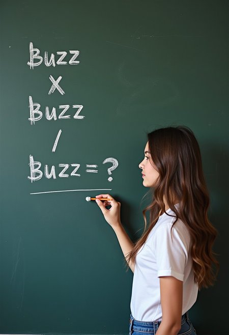college student write on chalk board "buzz x buzz / buzz=?"