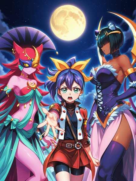 3girls,full moon,
BREAK lcat girl,black elbow gloves,black toeless legwear,dancer outfit,lunalight cat dancer,gold domino mask,purple jester cap,covered eyes,pink skin,from side,looking to the side,
BREAK serena \(yu-gi-oh!\),duel academy uniform \(yu-gi-oh! gx\),red jacket,red skirt,black shirt,black bike shorts,yellow hair ribbon,bracelet,open mouth, outstretched hand, 
BREAK lunalight panther dancer,dark-skinned female,purple thighhighs,purple dress,purple elbow gloves,gold hair ornament,panther girl,from side,looking to the side, hair over eyes, 
masterpiece,best quality,amazing quality,very aesthetic,absurdres,newest,<lora:Serena and Lunalight part A illuXL v1.2:0.8>,