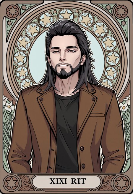 masterpiece, very aesthetic, absurdres, DSK4RT Style, official art, 1boy, male focus, facial hair, solo, beard, tarot card style, shirt, black hair, jacket, hair slicked back, brown jacket, upper body, art nouveau