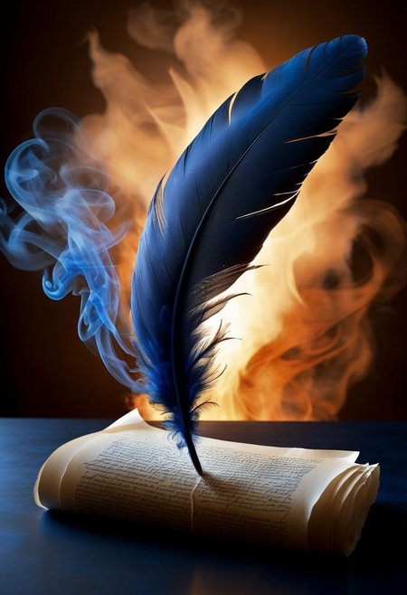 mysterious phoenix feather gliding through the air, feather dissolving into smoke, single drop of deep blue ink dropping from the tip of the feather into a half full ink pot while an old piece of aged paper scroll with beautiful writing and burning edges is hovering in the middle of it all, lightrays backlighting glorious feather, burning paper scroll dissoliving into smoke, lightrays backlighting smoke, fading blue red background, by Minjae Lee, Carne Griffiths, Emily Kell, Steve McCurry, Geoffroy Thoorens, Aaron Horkey, Jordan Grimmer, Greg Rutkowski, amazing depth, double exposure, surreal, geometric patterns, intricately detailed, bokeh,  perfect balanced, deep fine borders, artistic photorealism , smooth,  great masterwork by Suiras  <lora:add-detail-xl:2>  <lora:Double_Exposure:0.5>