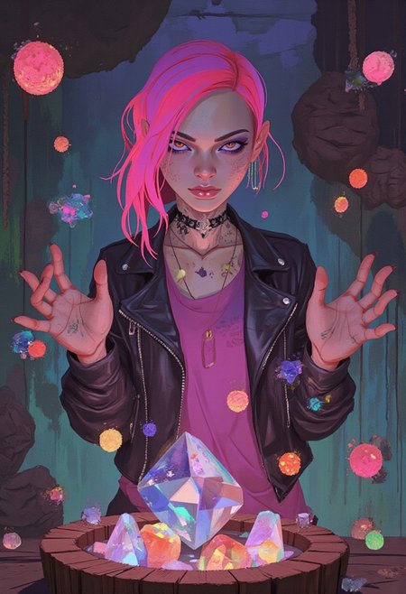 comic art by Mike Allred, 
style of Ted Nasmith, 
Princess Bubblegum, dressed in her punk-inspired attire with her iconic bubble-gum pink hair cascading in unruly waves around her, stands in a summoning circle surrounded by floating, glowing candy crystals. Her leather jacket is adorned with small, enchanted trinkets, her magenta robes beneath decorated with arcane symbols. Her intense, focused expression is highlighted by dark eyeliner and a smirk, her hands raised as she performs a complex alchemical spell, dark fantasy, adult, psychedelic dreamcore, high detail, atmosphere of occult power and candy magic, surreal light casting shadows across the enchanted lab, 
in the style of  dark magic and grotesque creatures abound, punk aesthetic, dark fantasy world combines grim landscapes with vibrant, exaggerated colorful art,  mysticism, unique immersive vibe, high-quality, 4k,
, the scene is captured in dimly lit dark fantasy but vibrant colors, occult, psychedelic dreamcore, dark fantasy
Caravaggio meets D&D charm  
, masterpiece,
art by torikun, SentinelBot, OBxiaoxiang