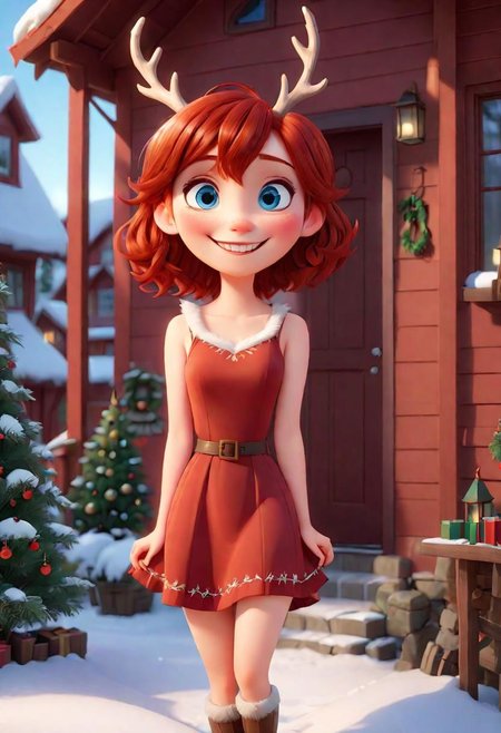 (disney pixar style:1.2) (cute adorable girl:1.15) (adult age 19:1.2)  short cherry darkred hair, smiling, thin and fit, wearing a red dress, large breasts, big blue eyes, anthro reindeer, big reindeer horns, standing outside her house in winter, the house is decorated for christmas