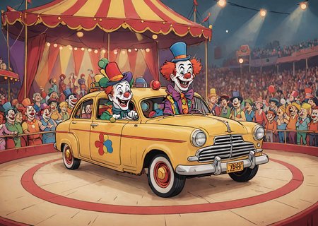 cartoon illustration of clown car  in  circus ring, clowns,  indistinct audience in background , short depth of field,  vivid colors, flat colors    <lora:extremely_detailed:-1> <lora:Cartoon_SDXL_V2-fixed:0.8>cartoon