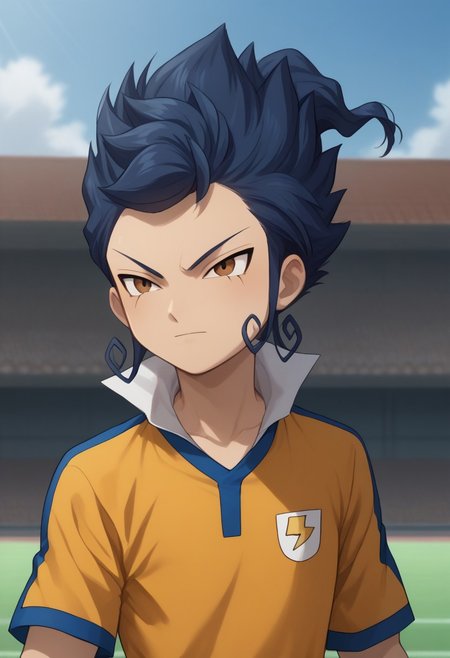score_9, score_8_up, score_7_up, source_anime, highly detailed, 
tsurugi, 1boy, male focus, solo, blue hair, brown eyes, sportwear, raimon, raimon soccer uniform, shirt, yellow shirt, short sleeves, shorts, blue shorts, upper body,
outdoor,