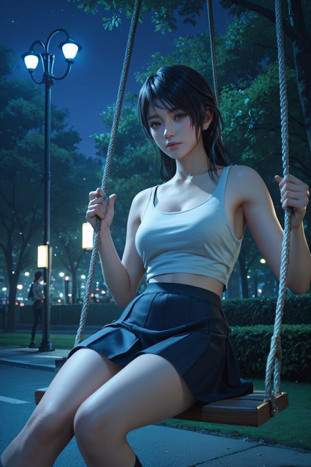 <lora:doa_shandy:0.9> shandy, casual, park, swing, skirt, tank top, night, street lights, moody, score_9, score_8_up, score_7_up, zPDXL3
