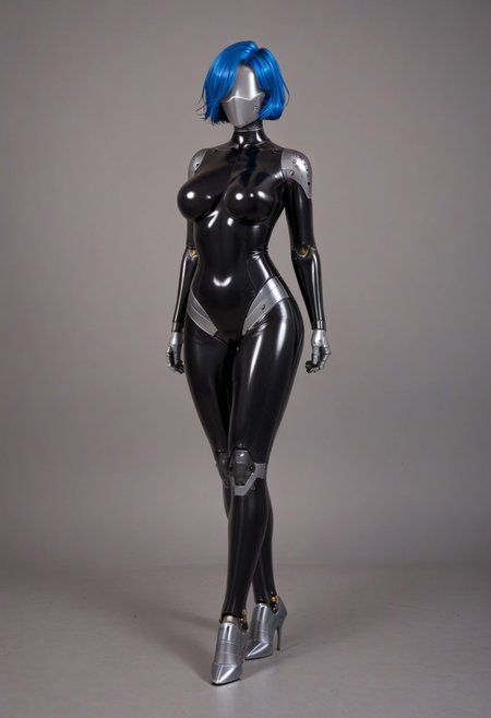 solo, A 35mm full length photo of  a beautiful 20 year old woman, she is a humanoid robot , robotic body, freckles, smooth featureless silver grey robotic skin, robotic aerials, metallic dark blue hair, elegant black latex bodysuit with white trim, featureless face
TheFaceLess