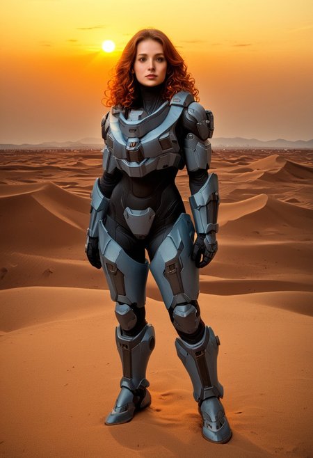 1girl, female, beautiful, natural, perfect, in her 20s, (((power armor))), MJOLNIR armor, (((Linda-058))), Halo Spartan, fragile face, ginger hair, curly hair, loose hair, green eyes, freckles, feminine, fit, big chest, BREAK telephoto, full body, standing gracefully, looking at viewer, sunset, big sun, warm light, contour light, (sand dunes), mountains on the horizon, clear sky, realistic, photorealistic, detailed, score_9, score_8_up, score_7_up
