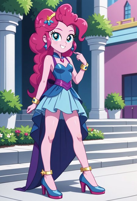 score_9, score_8_up, score_7_up, score_6_up, from My Little Pony Equestria Girls, a very young little human girl Pinkie_Pie wearing a fit blue|sky|green|brown|darkpurple|red|yellow gradients colors short princess dress, elegant detailed princess shoes, solo, 1girl, little princess girl, dark pink hair with crown hairband, smile, childhood, looking at viewer, glow detailed eyes, garden of canterlot, tul, chiffon, laces, semi realistic cartoon, unreal engine 5,  full body close-up, absurdres, digital art, soft light, perfect hands, perfect, hands, perfection, soft pink skin, skyblue eyes, party accesories and shoes, jewelry, tres chic,<lora:age_slider_v4:-4>,