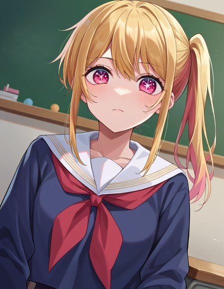 score_9, score_8_up, score_7_up, source_anime,
rubyhoshino, <lora:ruby-hoshino-ponyxl-lora-nochekaiser:1>,
ruby hoshino, long hair, bangs, blonde hair, pink eyes, sidelocks, symbol-shaped pupils, multicolored hair, two-tone hair,
side ponytail, long sleeves, school uniform, serafuku, sailor collar, neckerchief, cardigan, red neckerchief, white sailor collar,
indoors, classroom,
looking at viewer, cowboy shot, dutch angle,