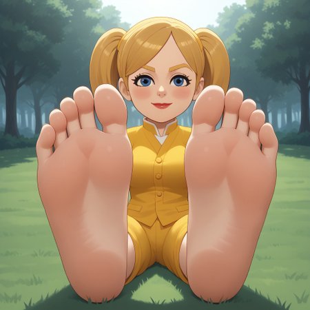 score_9, score_8_up, BREAK, (masterpiece:1.4), (best quality:1.2), solo, perfect anatomy, accurate anatomy, perfect feet, perfect soles, PONYXL_WaifuFeetPics_ownwaifu, wii, mii, wii sports, 1girl, female mii, blue eyes, blush, blonde hair, blonde eyebrows, twintails, yellow clothing, white pants, nintendo mii, modern_mii, classic_mii, pavika_\(\\oc_mii\\\), breasts, lips, sexy pose, self portrait, smile, outdoors, sunlight, shadows, evening lighting, natural lighting, forest, trees, grass, orange sky, sunset, (((sitting, barefoot, foot focus, feet, soles))), adult female, mature female