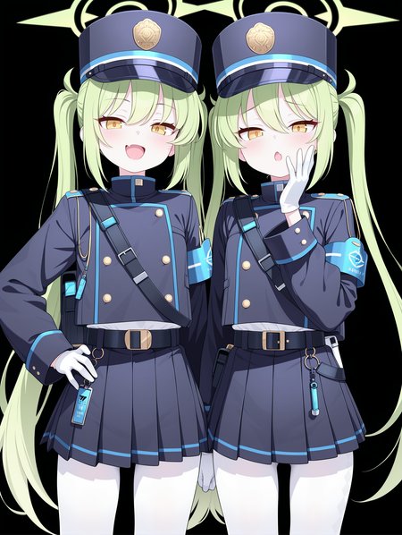 2girls, peaked cap, uniform, standing, side-by-side, twins clothed, ; side-by-side,2girls, (nozomi \(blue archive\):1.2), young, petite, green hair, (yellow eyes:1.2), twintails, smug, skin fang, hand on own face, , gloves, white tights, leggings, peaked cap, uniform, double-breasted, shorts, halo, undershirt, belt; side-by-side,2girls,( hikari \(blue archive\):1.2), young, petite, green hair(, yellow eyes:1.2), long hair :o, , gloves, white tights, leggings, peaked cap, uniform, double-breasted, pleated skirt, halo, undershirt, belt; 
,masterpiece,best quality,amazing quality,
