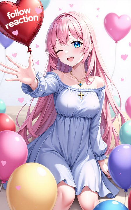 A pink long-haired girl wearing a spring-style long-sleeved blue dress,surrounded by colorful balloons in various shapes and hues,sitting casually,cheerfully extending one hand toward the camera holding a heart-shaped balloon,the balloon has glowing letters âfollow reactionâ written on it,one eye closed in a playful wink,joyful expression,heart-shaped sparkle overlay,dreamy saturated lighting from below,stylized shading,fantasy-inspired color tones.,<lora:hakaseayaka-base-02-flux:0.7>,hakaseayaka,blue eyes,long pink hair,anime-style,