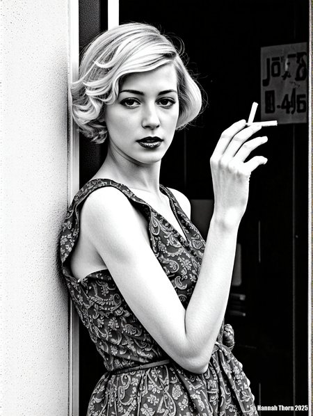 A captivating portrait of a blonde woman with wavy hair, styled in a vintage fashion, leaning against a white concrete wall. She is dressed in a patterned, long-sleeved dress, complemented by a shimmering bracelet. The composition features a close-up shot, emphasizing her expressive eyes and the soft curves of her face. The lighting is dramatic, casting strong shadows and highlights that accentuate the textures of her dress and hair. The background includes a chain-link fence, adding a touch of industrial contrast to the scene. The overall mood is sophisticated and alluring, reminiscent of classic Hollywood glamour. The image should be rendered with high detail and a shallow depth of field, focusing on the woman's face and upper body. The color palette is muted, with a focus on warm tones and subtle gradations. The final image should evoke a sense of timeless beauty and elegance., <lora:_Flux\_Photographer\Helmut_Newton-000001.safetensors:0.8300000000000002:0.8300000000000002> <lora:_Flux\_Skin_Appearance\detailifier_flux-000006.safetensors:0.8300000000000002:0.8300000000000002>, A black and white portrait of a woman standing on a porch, wearing a button-down shirt, holding a cigarette, with a stormy sky in the background, next to a house, she has short hair, her shirt is wet, she has an expressionless face, the lighting is dramatic, the scene is reminiscent of a film noir, shot on medium format film, with a shallow depth of field, creating a sense of intimacy and vulnerability, the woman's gaze is directed towards the viewer, creating a connection, the overall mood is somber and introspective, the composition is simple yet effective, emphasizing the woman's figure and the surrounding environment, the image is timeless and evocative, capturing a moment of quiet contemplation in a turbulent world, the contrast between light and shadow adds depth and dimension to the scene, the woman's posture is relaxed yet confident, suggesting a sense of resilience and strength, the image is a powerful representation of the human spirit, conveying a sense of hope and perseverance in the face of adversity., <lora:_Flux\_Photographer\Helmut_Newton-000001.safetensors:0.8300000000000002:0.8300000000000002> <lora:_Flux\_Skin_Appearance\detailifier_flux-000006.safetensors:0.8300000000000002:0.8300000000000002><lora:_Flux\_Photographer\Helmut_Newton-000001.safetensors:0.8300000000000002:0.8300000000000002> <lora:_Flux\_Skin_Appearance\detailifier_flux-000006.safetensors:0.8300000000000002:0.8300000000000002>