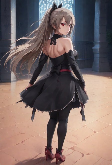 EasyNegativeV2, FastNegativeV2, haganef, overfit style, large breasts, 1girl, solo, thicc big breasts, sexy body , big butt, big breasts, shaggy big breasts, young, big chest, <PUT OVERFIT STYLE IN NEGATIVE PROMPT>, anime, smile,
Eydis, red eyes, light brown hair, long hair, ponytail,
,big breasts, shaggy big breasts, young, mature,
SteelLadyNanaseDress, frilled dress, criss-cross halter, (crosslace corset), thigh straps, black elbow gloves, glossy gloves, red highheels, red bow, black bow,  bare shoulders, (two colored dress, black dress. Silver dress), detailed hands