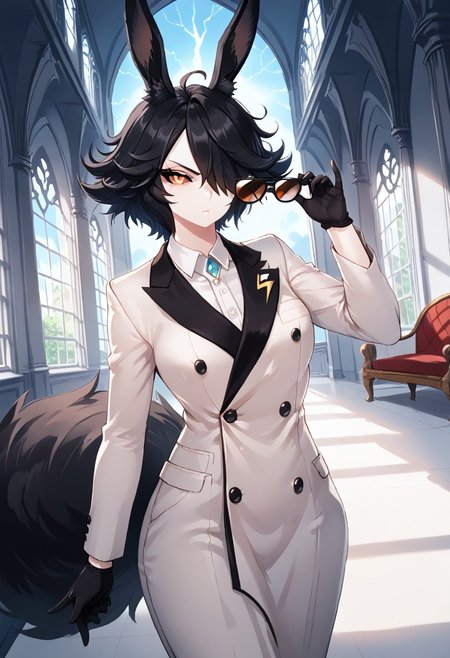 score_9, score_8_up, score_7_up,jovie,
BREAK,rabbit girl,monster girl,dark sclera,(flat breasts),mature woman,serious expression,short black hair,hair over eye,messy hair,(black ears, long fluffy rabbit ears:1.3),(pale skin),orange eyes,adjusting gloves,holding rectangular sunglasses,(double-breasted suits),elegant clothes,pocket watch,front angle,mansion scenery,indoors,hallway,imposing vibes,night time,dynamic lightning