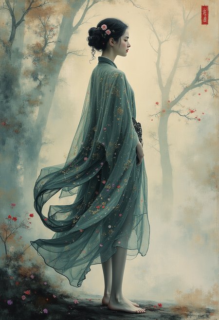 In this unique and captivating photograph, we present a masterpiece that blends the ethereal beauty of an idol girl ink painting with the vibrant strokes characteristic of the collaborative works of David Roberts and Helen Frankenthaler. The idol girl is depicted in full body form, her figure standing against a softly blurred background of a tranquil forest setting, which adds depth and mystery to the scene.The shooting angle chosen for this image is a low, diagonal perspective from above, creating a dramatic and visually impactful view. From this angle, we see the idol girl’s legs extending into the lower portion of the frame, with her upper body and face slightly tilted upward towards us. This positioning not only emphasizes the dynamic movement but also highlights the contrast between the grounded figure and the ethereal atmosphere around her.The ink painting style is evident in the precise lines defining her form, while the background features subtle yet striking brushstrokes that suggest a lush, forest environment. These strokes are interwoven with hues of deep greens, rich browns, and muted purples, creating a harmonious blend of natural beauty and artistic expression.David Roberts' meticulous attention to detail is showcased in the intricate lines and patterns of the girl's attire, which includes flowing robes adorned with delicate motifs that seem to shimmer under an imaginary light. Helen Frankenthaler’s influence is present in the way these elements interact with the background, as if her brushstrokes have seeped through the ink lines, creating a seamless blend of organic and geometric forms.The overall composition exudes a sense of tranquility and wonder, inviting viewers to explore the intricate details while also feeling enveloped by the serene atmosphere. This photograph serves as a visual tribute to both artists' unique styles and their ability to create a harmonious fusion that transcends traditional boundaries of art.    HD32K, hyperdetailed, best quality, aidmaMJ6.1.