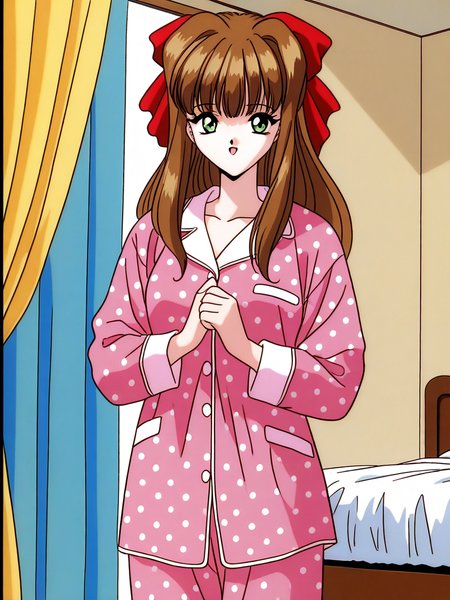 general,highres, ultra-detailed,very aesthetic,best quality ,best hands,  BREAK <lora:Imouto_SG_IS:1> Imouto_SG, brown hair, long hair, hair bow, green eyes, red bow, bangs, breasts,
1girl, solo,  open mouth, pink pajamas, light smile, 
Polka dot pattern, :o, 1990s (style), looking at viewer
smile, cowboy_Shot,
bed room, curtain,