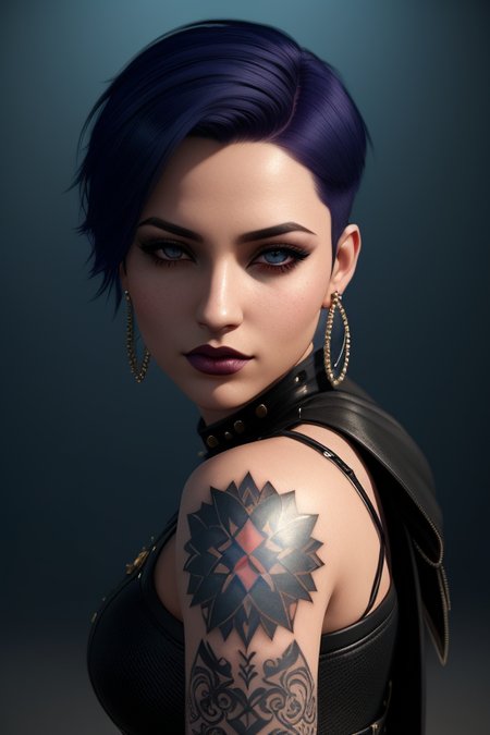 KARADBH with blue short hair and piercings, with a dark and a black background, Charlie Bowater, stanley artgerm lau, a character portrait, sots art, sharp focus, smooth, aesthetic, extremely detailed, octane render, 1girl, blue_eyes, , earrings, jewelry, lips, nose, piercing, realistic, solo, dark industrial background, rtx, upper body, dark makeup, elegant pose, rock clothes, tattoo on arm, leather shirt, navel, beautiful detailed glow, detailed, Cinematic light, intricate detail, highres, detailed facial features, high detail <lora:KARADBHv4_Lora32:0.7>