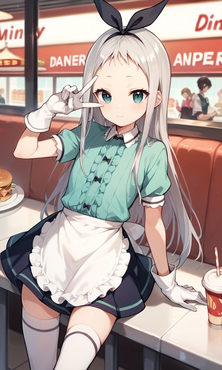 score_9,score_8_up,score_7_up,score_6_up,hideridef, otoko no ko, hair bow, black hairband, dress, short sleeves, frills, waist apron, frilled apron, skirt, white gloves, white thighhighs,diner,peace sign