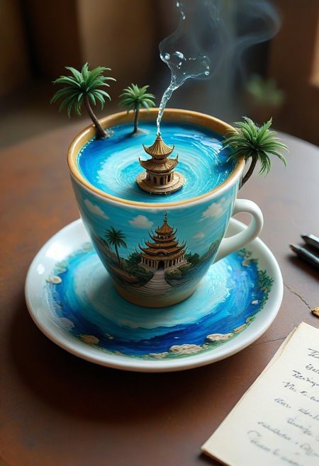 tilt-shift photo of best quality double exposure complex surreal painting on cracked paper, macro, microworld,  hyperdetailed,   insanely detailed, surreal, tiny genie spirit creature, flying oasis landscape placed inside a cup on the table in room. waterfall, lotus flowers,temple palms desert filigree, table cinematic, big eyes 32k, by Rockwell, WLOP Ryniac, Craola, Disney, van Gogh, highly detailed, intricated, intricated pose, high quality, centered, perfect composition.,
<lora:Midjourney_-_SemiReal_Dreams_FLUX_LoRA:1>,<lora:hyper-detail-illustration:1>, Selective focus, miniature effect, blurred background, highly detailed, vibrant, perspective control