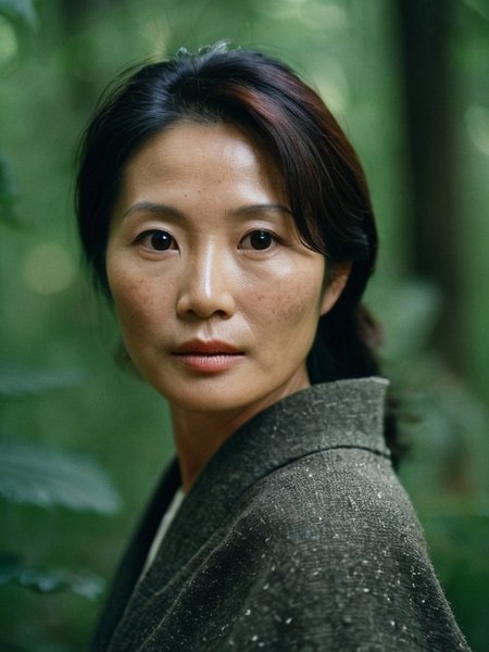a 45yr old Korean women, (midnight|temperate mixed forest) background, RAW photo, editorial photograph, film stock photograph, cinematic, (enraptured), Intricate, Freckles, soft focus. 8k, highly detailed, detailed skin texture, natural skin texture, detailed cloth texture, perfect eyes, detailed eyes, (high quality, best quality:1.3), Extremely high-resolution, amateur photo, Fujifilm Superia Premium 400, Nikon D850 film stock photograph Kodak Portra 400 camera f1.6 lens, 8k, UHD