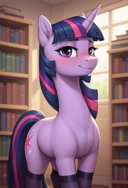 score_9, score_8_up, score_7_up, score_6_up, pony, unicorn, feral, solo, mare, (Twilight Sparkle), no breasts, library, indoors, (evening), tail, photo_realistic, blushing female, anatomically correct, looking at you, standing, front view, back stockings, garter straps