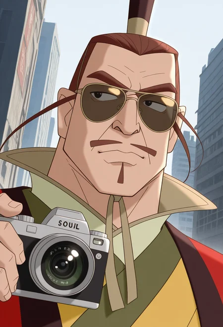 1boy, facing viewer, looking to the side, sunglasses, paparazzi, camera flash through sunglasses, close-up, eye focus,
BREAK
zhouwang, mature male, thick eyebrows, short hair, brown hair, black eyes, mustache, soul patch,
headgear, chin strap, chinese clothes, yellow robe, red overcoat, brown belt, layered clothes, high collar,
BREAK
day, building, city,
BREAK
best quality, masterpiece, very aesthetic, absurdres, highest detailed, very awa, dark background,
<lora:DILFs_and_Creatures_from_The_Legend_Of_Nezha_v0.1:1>