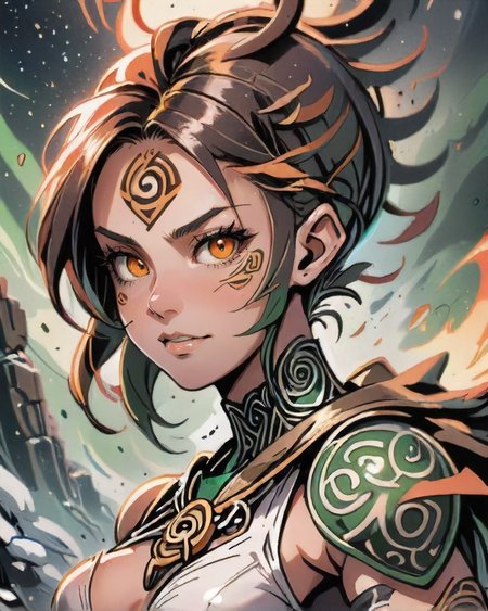 comic style, Ambitious 1girl, natural colored eyes, Buzz cut with a faded design hairstyle, dynamic pose, determined expression, <lora:EnvyDramaticPortraitXL02:0.7> , BREAK portrait, solo, from side, side view, half shot, detailed background, detailed face, (<lora:CulturePunkAI_2:0.5> CeltPunkAI, tribal  celtic theme:1.1),dark-orange winter warrior, (glowing eyes:1.05), defiant smile, focus,  dynamic pose,   magical frozen pendant,  surrounded by magical glow,   cold,  icy breath, stormy background, aurora borealis, in background snowstorm, epic atmosphere,