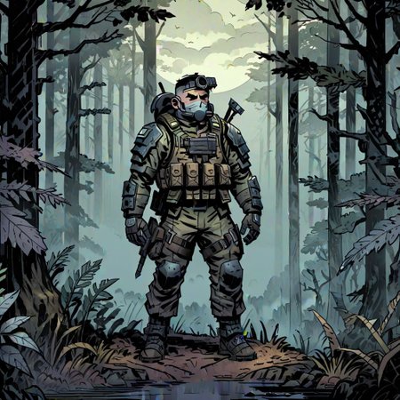high-definition 8k comics artwork in dgst art style of an special forces soldier wearing tactical armor standing in a thick forest with fog, full body.
