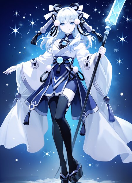 (score_9:0.9),score_8_up,score_7_up,rating_safe,(zPDXL3),(zPDXL),
masterpiece,intricate details,anime,4k,best quality,anime style,
<lora:Yuki-Onna, the Absolute Zero Mayakashi ponyXL v1:0.76>,blue theme,winter,
yuki-onna the absolute zero mayakashi, 1girl, solo, polearm, white japanese clothes, sparkle, smile, full body, black platform footwear, black thighhighs, looking at viewer, black hair ribbon, blue bodysuit, cyan chest jewel, holding polearm, white skin, hand on own hip,