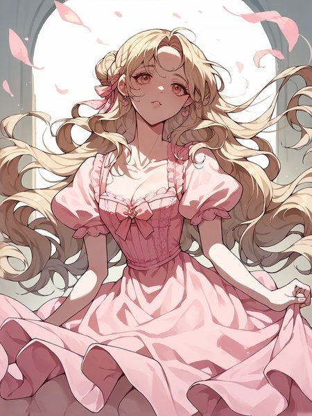 score_9, score_8_up, score_7_up, score_6_up, score_5_up,  <lora:lalangheejXLP:1> lalangheej, 1girl, pink dress, long hair,