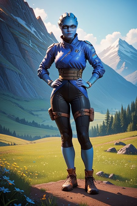 score_9, score_8_up, score_7_up,
<lora:MEAPeebee:0.8>
MEAPeebee, 1girl, blue skin, blue eyes, face paint, alien, looking at viewer, hands on hips, mountains, field, full body
