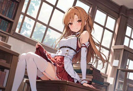 asuna_\(sao\), long_hair, skirt, red_skirt, detached_sleeves,  windmill, white_thighhighs, brown_hair,  brown_eyes, breastplate, solo, pleated_skirt, miniskirt, white_belt, garter straps, girl sitting on the table, (skirt lift), <lora:skirtLift:0.5>,  full body view, Victorian era library study complete with bookshelves full of books, beautiful window, dark wooden floorboards, depth of field, seductive smile, light blush, <lora:add-detail-xl>, masterpiece, best quality, wallpaper, extreme detail