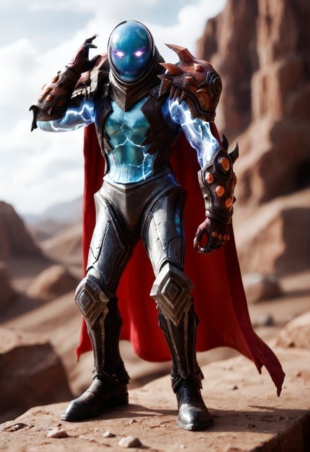 <lora:Arc_Warden_v1:1> arc_warden_v1,
1boy, no humans,
glowing,
claws,
armor, cape, helmet,gloves, shoulder armor, boots, gloves,,, score_9, score_8_up, score_7_up, score_6_up, derpibooru_p_95,
detailed eyes, beautiful, detailed background, perfect eyes,
blur censor, blurry, blurry background, blurry foreground, bokeh, motion blur,
chromatic aberration, depth of field, figure, focused,  focus
photography, realistic sun light and shadows, photorealism, UHD --ar 9:16 --style raw --stylize 700,
solo,
rocky plateau behind her with rugged desert landscape, saguaro cacti in the background, long shadow stretching across dusty terrain, ominous storm clouds building, hazy sun barely visible behind clouds, one hand supporting head, one hand on hip,smile