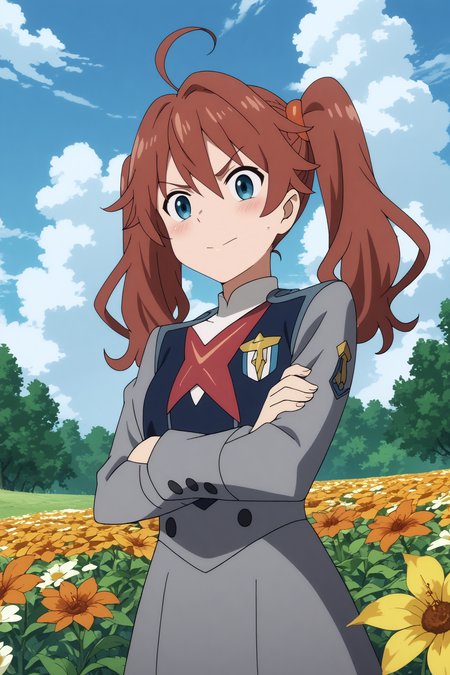  kokoro,1girl,solo,long hair,twintails,ahoge,uniform,military,military_uniform,long hair,crossed arms,smirk,from below,cowboy shot BREAK outdoors,blue sky,cloudy_sky,orange flower,flower field,tree  <lora:Miku_-_Darling_in_the_franxx.safetensors:0.8> <lora:detailed_backgrounds_v2.safetensors:0.5>