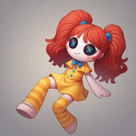 Score_9, score_8_up, score_7_up, Rubilocks, red hair, twintails, button eyes, blue eyes, doll, yellow dress, stripped stockings, hair ornaments