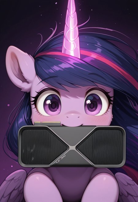 masterpiece, best quality, amazing quality, very aesthetic, absurdres, newest, solo, pony, mare, princess twilight 2, horn, wings, purple eyes, dark purple hair, long hair, in_shop, holding_with_mouth, holding_gpu, rtx5090, graphics card, happy, close_up, glowing horn, levitating x with magic