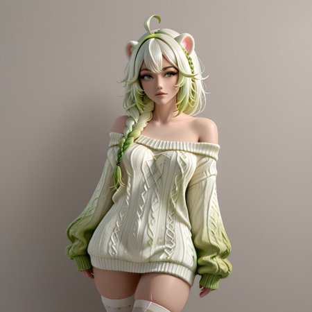 coll-dami, 1girl, thighhighs, animal ears, green eyes, braid, multicolored hair, sweater, green hair, white thighhighs, ahoge, off-shoulder, sweater off shoulder
