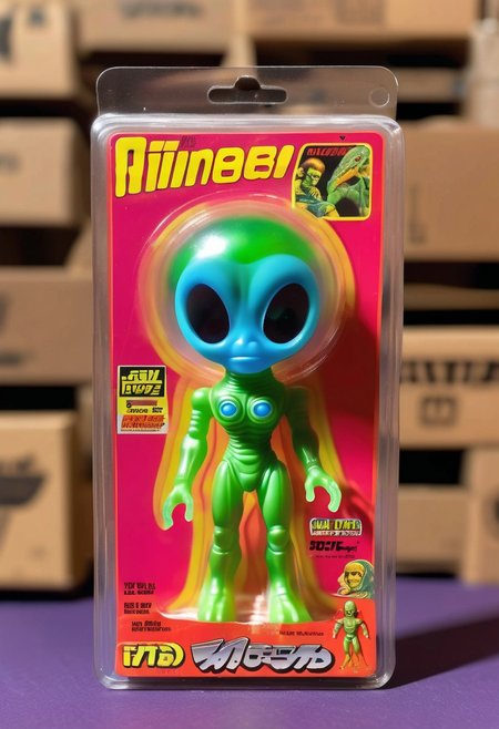 <lora:1987 Action Figure Playset Packaging:1>1987 Action Figure Playset Packaging - A product photo of a 1970s japanese toy clear alien figure in front of packaging