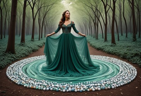 lazypos, made of marbles, A woman in a flowing dress of marbles stands in an emerald forest, a fairy ring encircling her, but as she moves, her form dissolves into swirling, rainbow abstract patterns that ripple like sound waves., contemporary urban realism meets ethereal literary illustration, powerful female portraiture with atmospheric storytelling, classical oil technique fused with delicate watercolor textures, street art aesthetics blended with gothic romanticism, rich earthy tones layered with soft muted pastels, expressive brushwork and intricate costume detail, textured urban settings with fairytale undertones, emotional realism meets dreamlike composition, cultural identity portrayed through poetic environments, symbolic backgrounds with moody light, narrative portraiture infused with mystery, realism and fantasy in intimate balance, dogwood trees