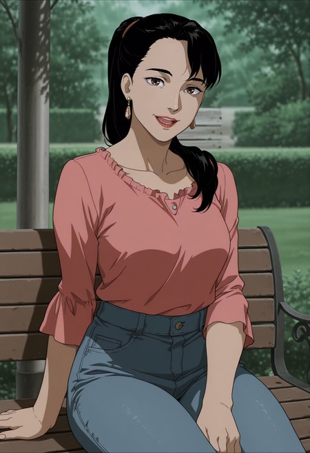 1girl,solo,mm,mature female,black hair,long hair,brown eyes,earrings,lipstick,anime coloring,
shirt,denim,pants,ponytail, sitting,on bench,outdoors,looking at viewer, open mouth, smile
,masterpiece,best quality,amazing quality,<lora:Eva_Friedel-Magnetic_Rose:0.8>