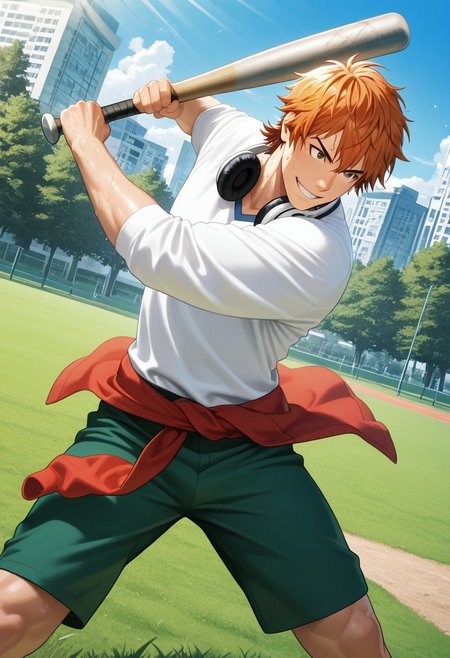 masterpiece, best quality, amazing quality, absurdres, newest, detailed background, definition so sharp, Ultra-HD, 8K cinematic, very awa, impressionate, amazing quality, highres, 
solo, male focus, manly, mature male, bara, outdoor, day, blue sky, sweating, sunbeam, grass, field, tree, city, 
1boy, short hair, headphone around neck, misakiyata, misaki_orange hair, misaki_brown eyes, white t-shirt, clothes around waist, green shorts, holding, baseball bat, dynamic pose, sports, dynamic angle, grin, smile