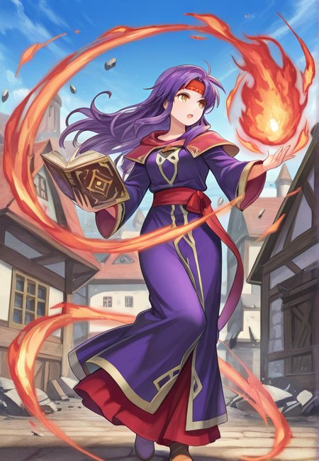 masterpiece, best quality, amazing quality, very aesthetic, absurdres,  newest, detailed background, town, debris, 
feh, magicaura, magic, fire, 
1girl, purple hair, long hair, headband, robe, solo, book, yellow eyes, full body, red headband,
<lora:Fire_Emblem_Heroes_Style:1> <lora:Magic_Aura:1>