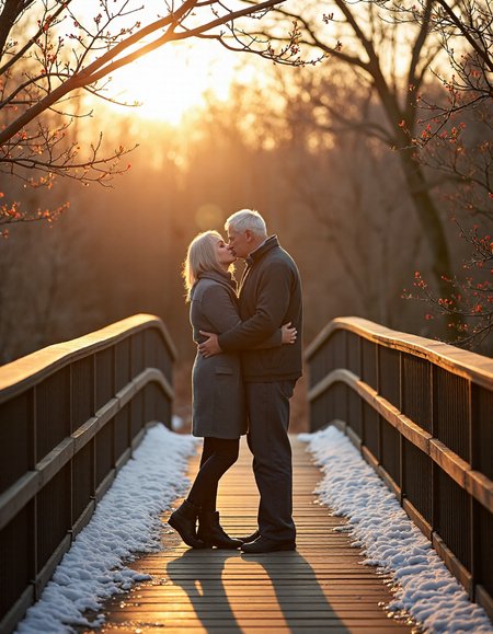 A photograph of a lovely gray-haired elderly couple on a footbridge. They are kissing with arms around each other. She is shorter than he and standing on tiptoe. He is taller than she and tilting his head down. The scene is very early spring, with patches of snow in shady spots on the ground. Sunrise. Tiny new buds on the trees. Beautiful lighting, vinette, great composition. <lora:perfection style v2d:0.7> perfection style <lora:detailed style v1.5:0.3>